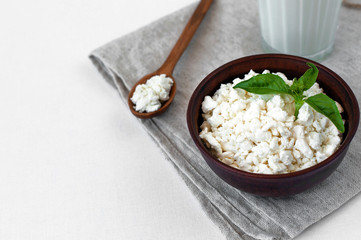 Homemade cottage cheese serving option. Rustic style, minimalism. Simple organic food. Close up