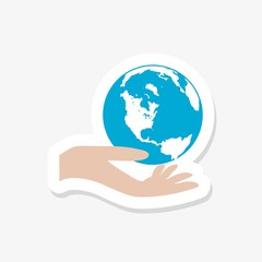 Hand with earth globe sticker icon. Flat sign for mobile concept and web design