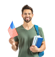 Male student with USA flag on white background