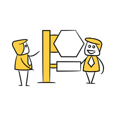 businessman and blank signage or signpost yellow stick figure theme