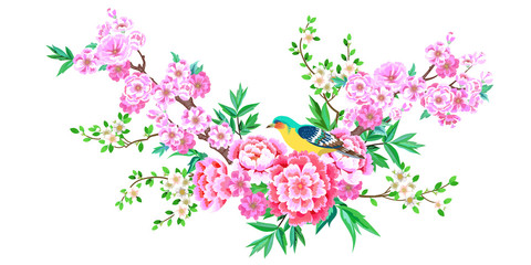 Fototapeta na wymiar Bird sitting on sakura branch