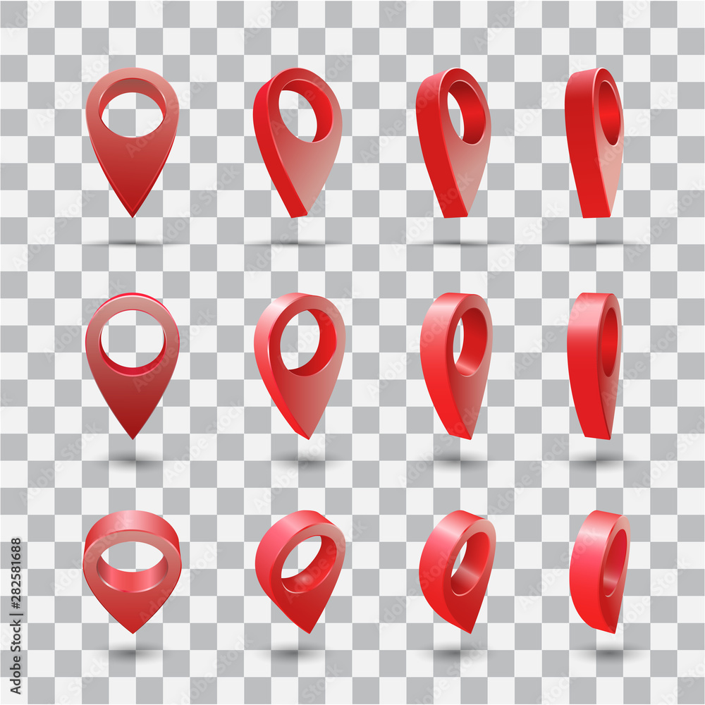 Fototapete set map pointer 3d pin at different angles on transparent background