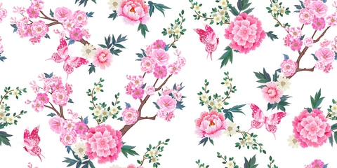 Papier Peint photo autocollant Style japonais Modèle sans couture de printemps avec des sakura en fleurs, des branches de prunes de pivoines roses et des papillons volants à la chinoise
