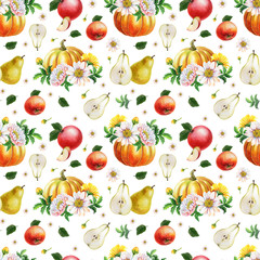 Orange pumpkin,chrysanthemum,pears,red apples on white background.Summer,autumn illustration of fruits,vegetables.