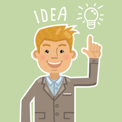 Illustration of a cheerful businessman pointing up at idea light bulb. Emoticon, happy face, emoji. Idea, creativity concept. Flat style vector illustration