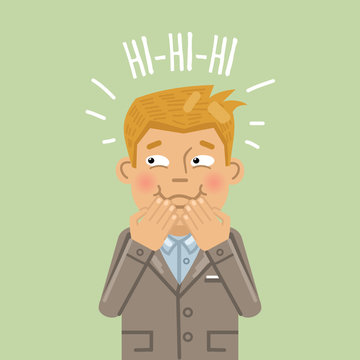 Illustration of a laughing businessman. Cheerful businessman laughing at a funny joke and showing thumb up gesture. Emoticon, emoji, positive emotion. Flat style vector illustration