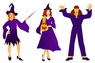 Set of  halloween different sorcerers on a white background.  Vector Illustration. Trick or Treat Concept.