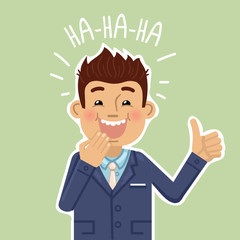 Fototapeta na wymiar Illustration of a laughing businessman. Cheerful businessman laughing at a funny joke and showing thumb up gesture. Emoticon, emoji, positive emotion. Flat style vector illustration