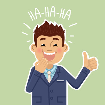 Illustration of a laughing businessman. Cheerful businessman laughing at a funny joke and showing thumb up gesture. Emoticon, emoji, positive emotion. Flat style vector illustration
