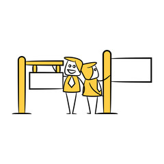 businessman and blank signage or signpost yellow stick figure theme