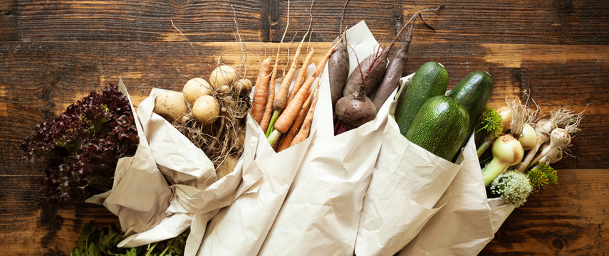 Disposable paper ecological packaging for vegetables. Fresh organic products and waste free lifestyle.