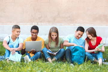 Portrait of young students sitting on grass outdoors