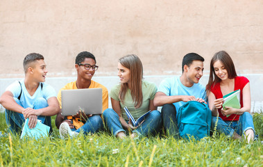 Portrait of young students sitting on grass outdoors