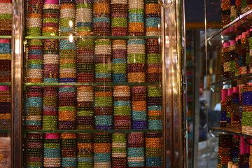 Pairs of bangles in a street market.
