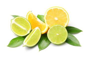Different citrus fruits on white background