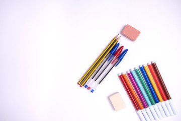 school supplies. pencil rubber pens and marker pens