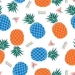Blue and orange pinapple and geometric elements, seamless pattern design