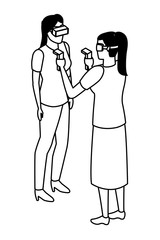 virtual reality technology experience cartoon in black and white