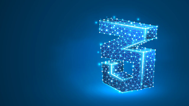 CSS coding language sign. Device, programming, developing concept. Abstract, digital, wireframe, low poly mesh, Raster blue neon 3d illustration Triangle line dot