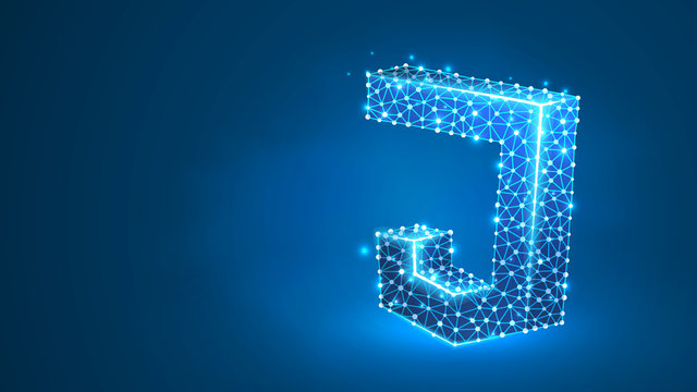 JS, Java Script coding language sign. Device, programming, developing concept. Abstract, digital, wireframe, low poly mesh, Raster blue neon 3d illustration Triangle, line dot