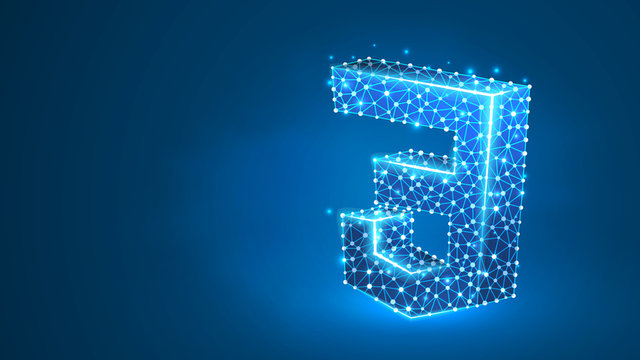CSS coding language sign. Device, programming, developing concept. Abstract, digital, wireframe, low poly mesh, Raster blue neon 3d illustration Triangle line dot