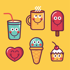Trendy cool set of food badges. Vector collection of emoticon stickers. Food icon. Ice cream, cupcake, tea, water, coffee, heart illustrations for on-line communication, networking, chat, social media