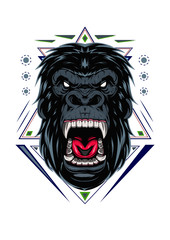 Illustration, ferocious gorilla head / mad gorilla face with sacred geometry, on white background
