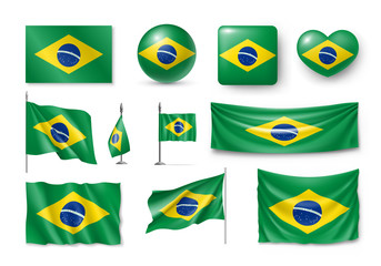 Various flags of Brazil independent country set. Realistic waving national flag on pole, table flag and different shapes badges. Patriotic brazilian rendering symbols isolated vector illustration.