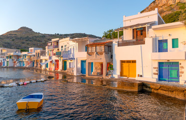 Traditional boathouses in Klima fishing village, Milos island, Greece. 