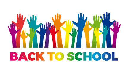The word back to school and hands, with people who say hello. Vector banner with the text drawing style. - obrazy, fototapety, plakaty