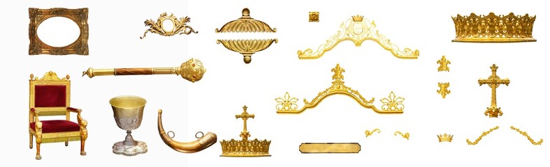 Royal gold antiques collection isolated on white background