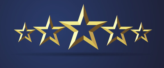Five stars rating realistic golden 3D icon. Quality sign template, rank star facet symbol on dark background. Vector illustration