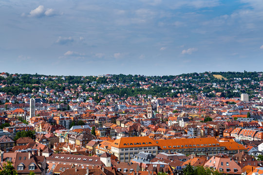 Germany, Houses and churches of stuttgart city district west from above in summer holiday travel season