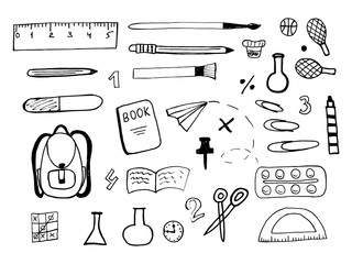 Hand draw set of school icons on white background. Vector
