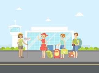 Tourist Guide Waiting for Guests at Airport, Group of Cheerful Tourist with Luggage Standing in Front of Airport Building Vector Illustration