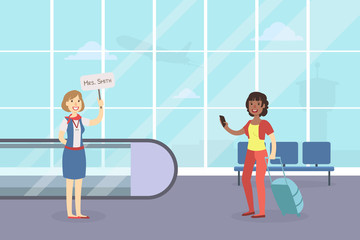 Tourist Guide Waiting for Guest Arrival at Airport, Woman Metting Someone with Broadsheet, Female Tourist with Luggage Vector Illustration