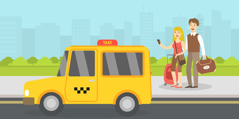 Couple of Tourists with Luggage Called Taxi by Mobile Phone, Travel, Vacation, and Summer Adventure Vector Illustration