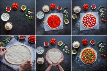 Collage with production of Italian pizza Margarita