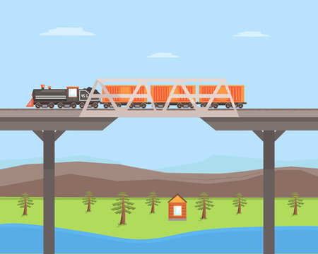 Freight Train Moving on the Bridge, Rail Transportation on Summer Mountain Landscape Vector Illustration