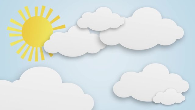 Cartoon Clouds and Sun on bright blue background loop