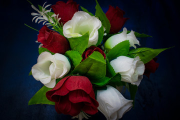 Bouquet of artificial roses top view  
