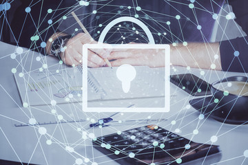 Man hands writing. With double exposure drawings.