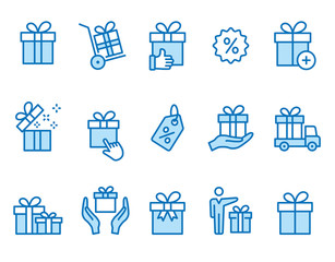 Gift box icons set. Black vector illustration. Editable stroke.
