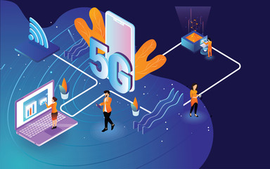 Isometric illustration of modern 5G technology vector concept  for web design. 3D Modern 5G technology concept banner.