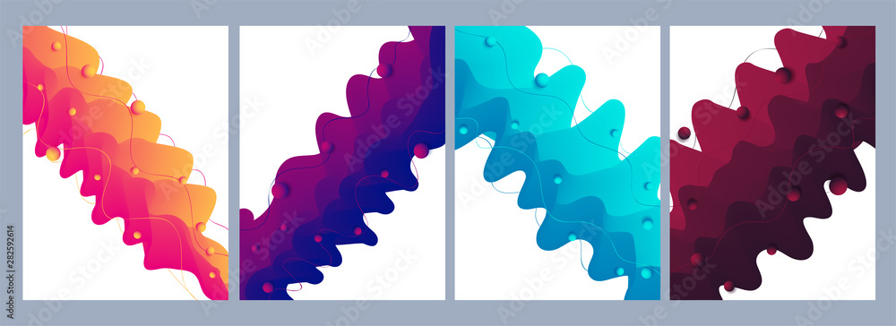 Poster different color template design decorated with liquid bubble or fluid art abstract element.
