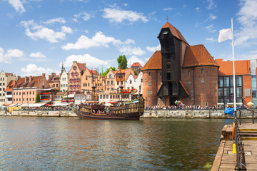 Gdansk with beautiful old town over Motlawa river, Poland.