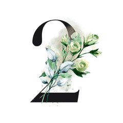 Number 2 with watercolor leaves and flowers. Perfectly for wedding invitation, greeting card, logo, poster and other floral design. Hand painting. Isolated on white background.