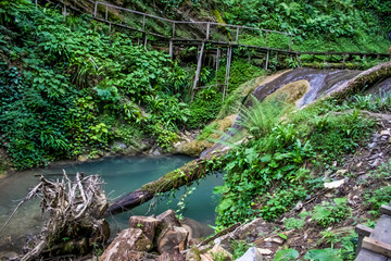 Picturesque waterfall in high mountains. Nature