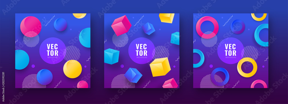 Poster collection of colorful abstract design template with geometric shape like as cubes, circle and dotte