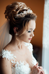 Beautiful sexy bride in white dress weeps. Tears of happiness on the wedding day. Wedding makeup and hairstyle with crown